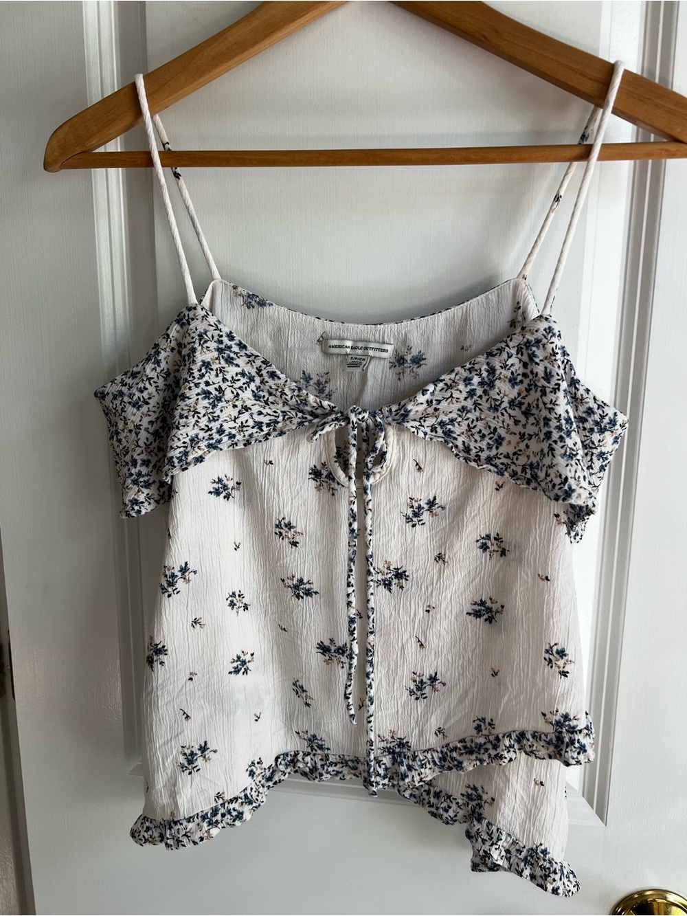American Eagle Outfitters White Cami with Blue Floral Print and Tie Front